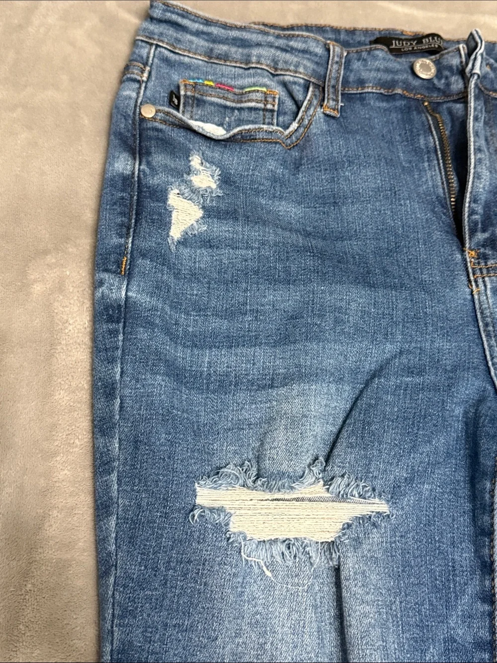 Judy Blue Medium Blue Rainbow Distressed Skinny Jeans style# JB88266 item: 72503